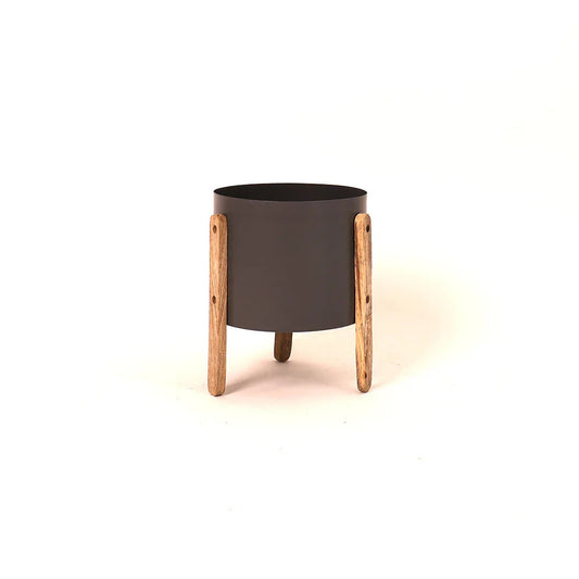 Modern Round Metal Pot with Wooden Stand in Grey