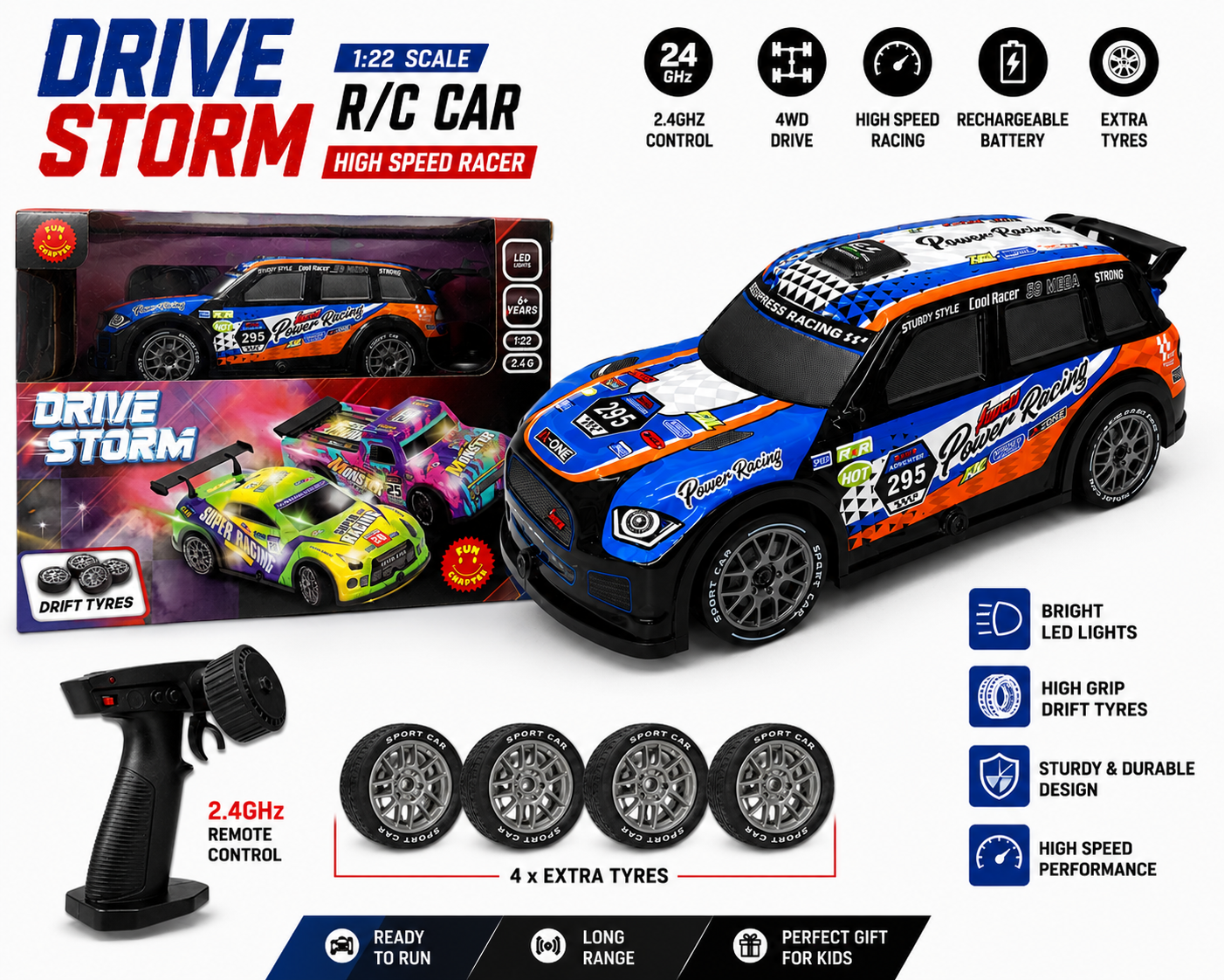 1:22 Scale RC Drifting Racing Car with 2.4GHz Remote Control, LED Lights & Extra Drift Tyres – High Speed Rechargeable