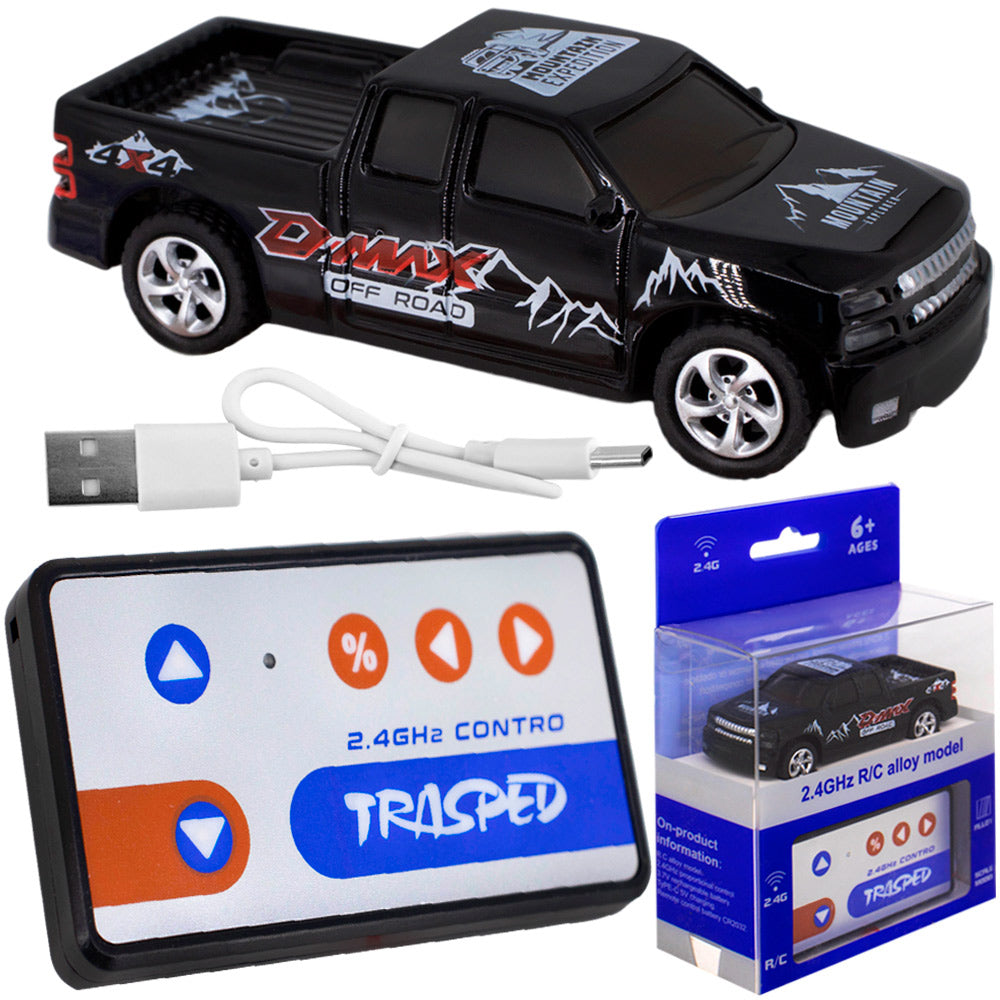 1:64 Black Remote Control Toy Cars for Kids 2.4Ghz Adjustable Speed Scale Alloy Pickup RC Trucks with Trailer & Car Lights,USB-C Recharging