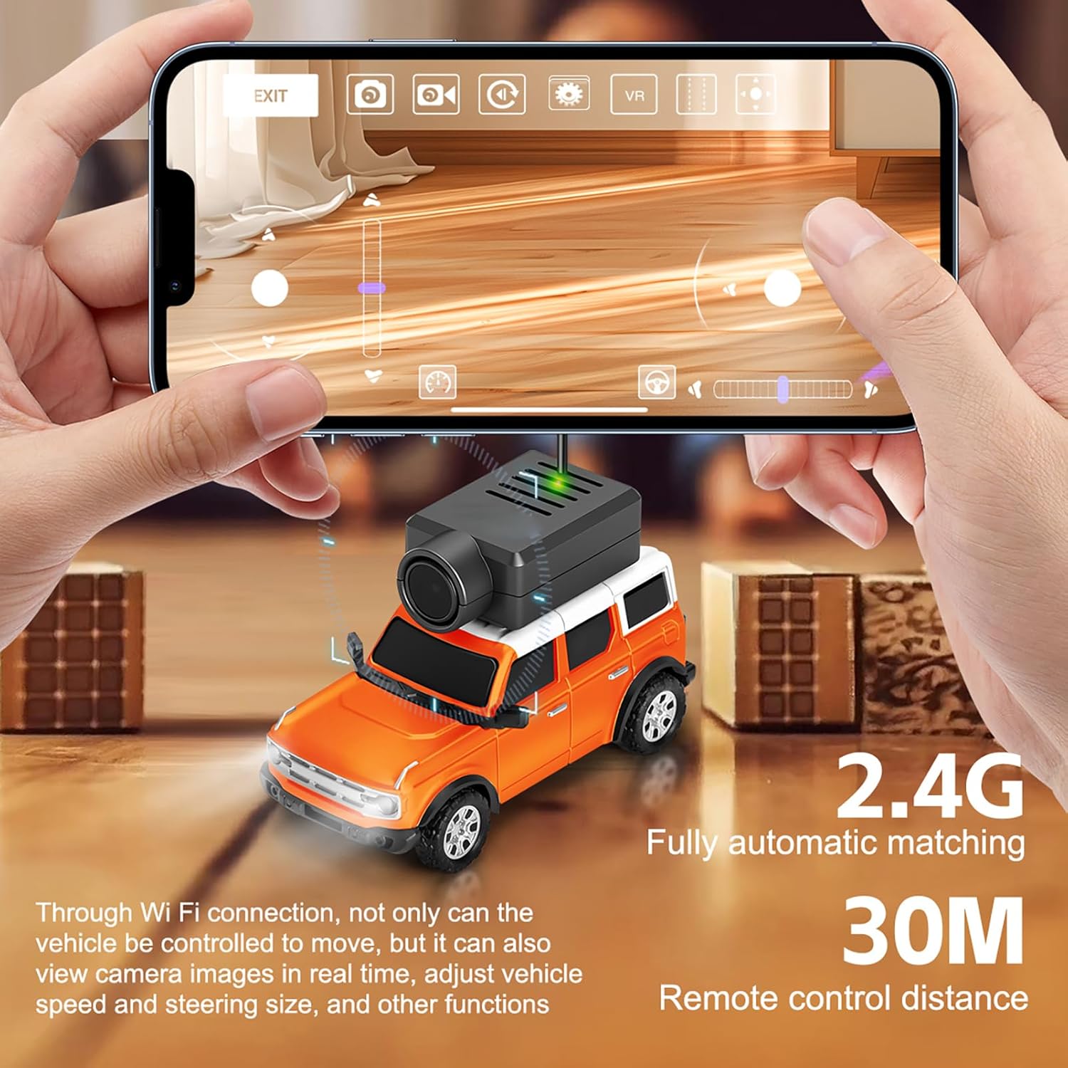 1/64 Scale FPV Mini RC Car, Camera, APP + Remote Control