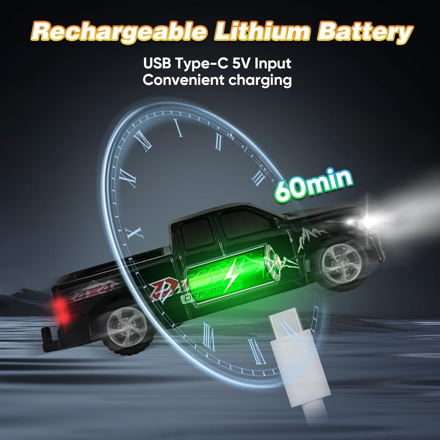 1:64 Black Remote Control Toy Cars for Kids 2.4Ghz Adjustable Speed Scale Alloy Pickup RC Trucks with Trailer & Car Lights,USB-C Recharging
