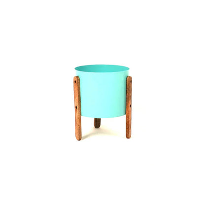 Modern Round Metal Pot with Wooden Stand in Grey