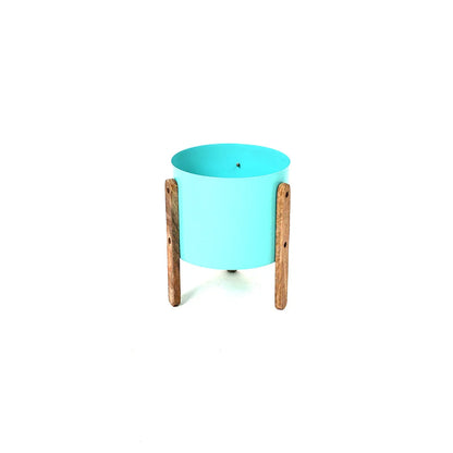 Modern Round Metal Pot with Wooden Stand in Grey