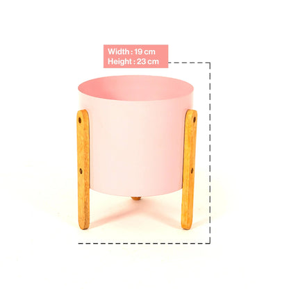Modern Round Metal Pot with Wooden Stand in Pink