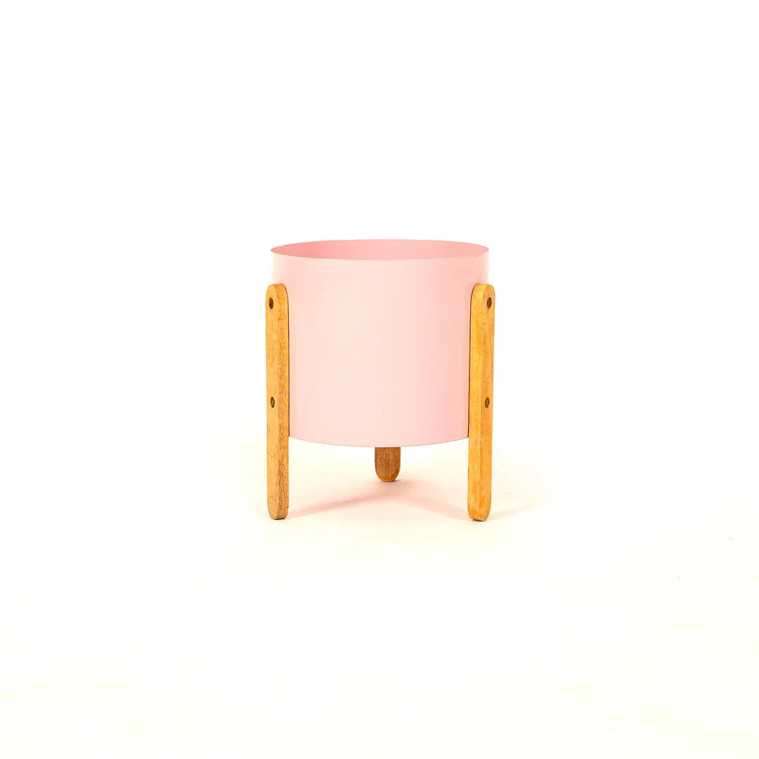 Modern Round Metal Pot with Wooden Stand in Pink