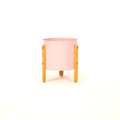 Modern Round Metal Pot with Wooden Stand in Pink