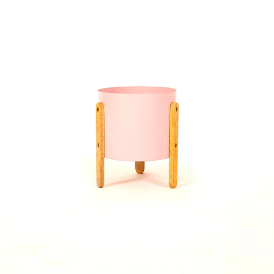 Modern Round Metal Pot with Wooden Stand in Pink