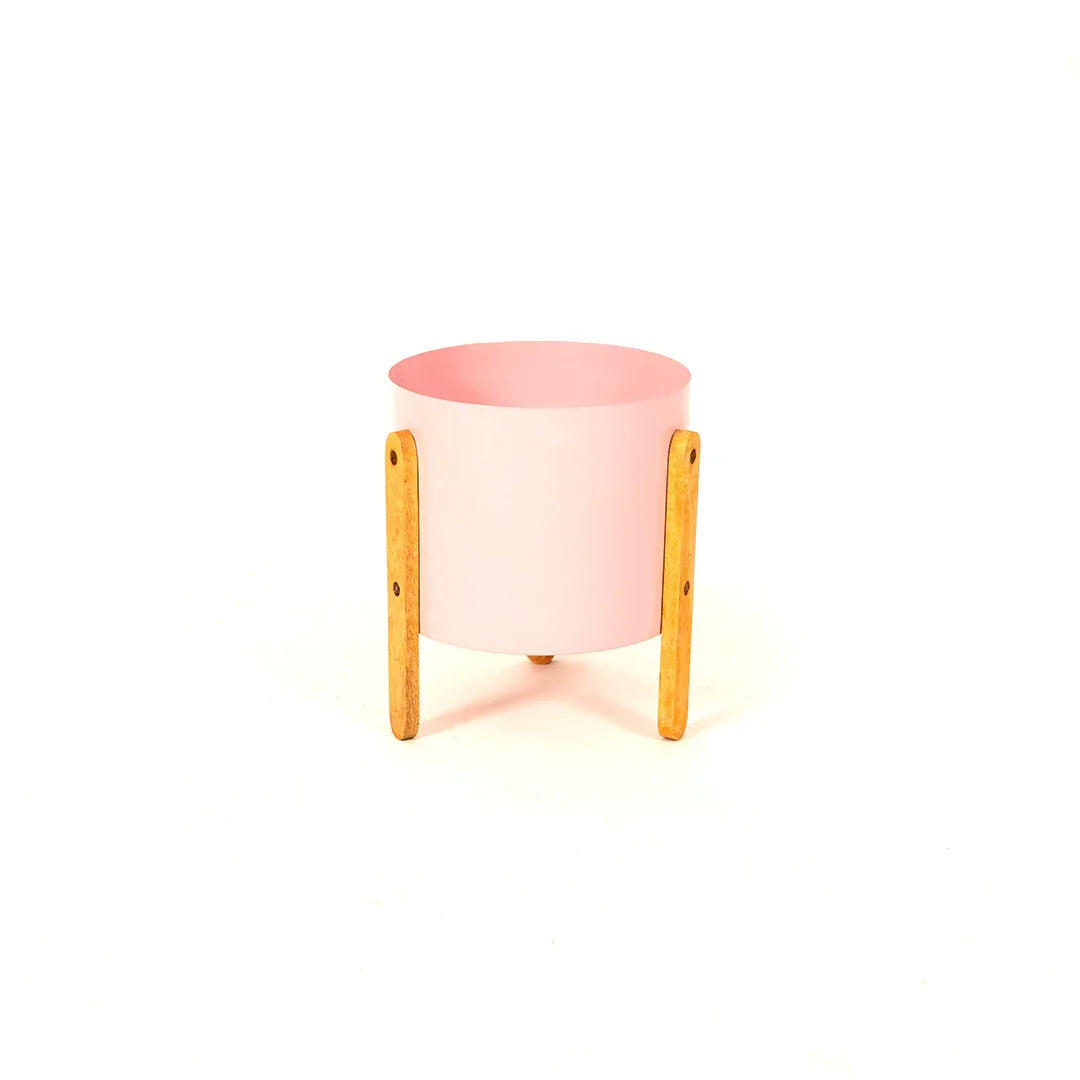 Modern Round Metal Pot with Wooden Stand in Pink