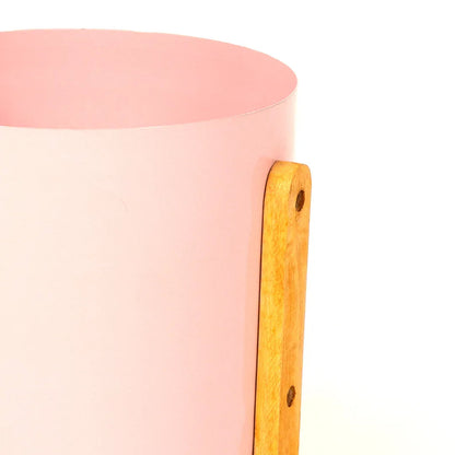 Modern Round Metal Pot with Wooden Stand in Pink