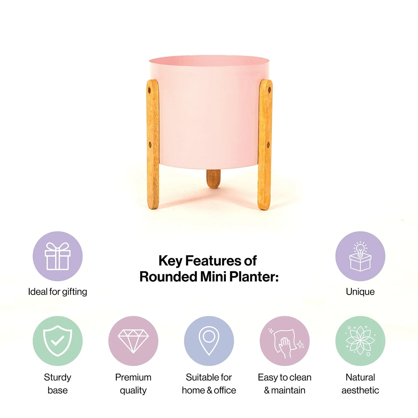 Modern Round Metal Pot with Wooden Stand in Pink