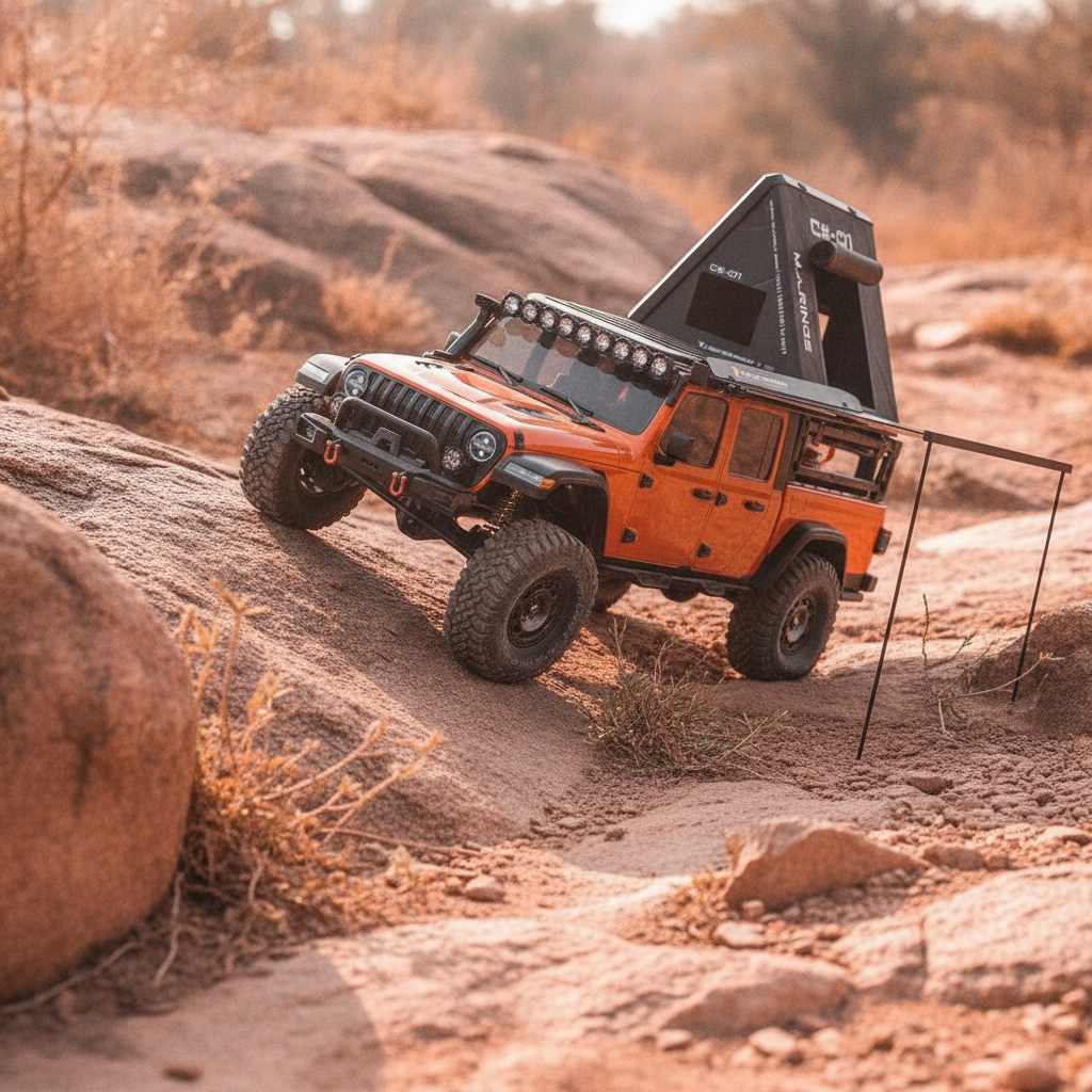 A 1:7 scale 4WD brushless RC rock crawler truck climbing a rocky trail near Pune, India, showcasing its power and off-road ca